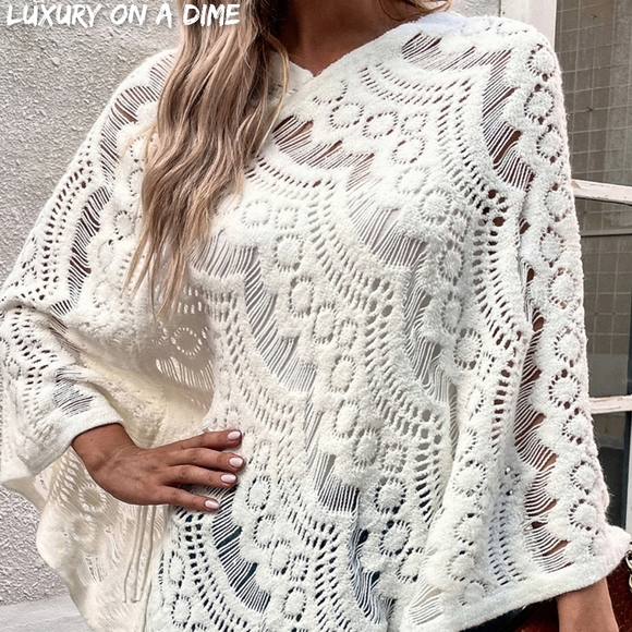 Knit Openwork Macrame Oversized Retro Fringe Pullover Poncho Sweater Jacket - Picture 3 of 9
